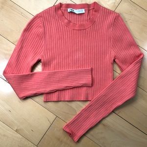 Zara Peach Coral ribbed long sleeve metallic crew neck crop top knit sweater Sm